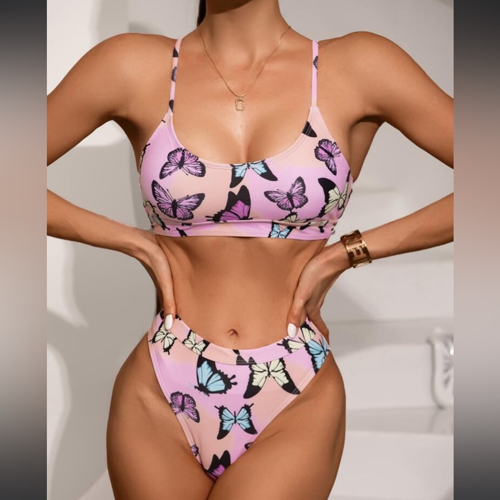 BUTTERFLY TIE DIE PINK BLUE BIKINI HIGH WAISTED